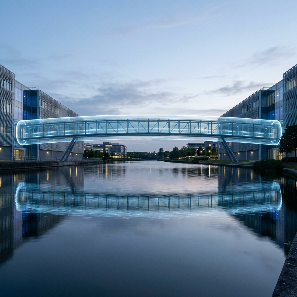 Illuminated glass pedestrian bridge spanning a canal between modern buildings